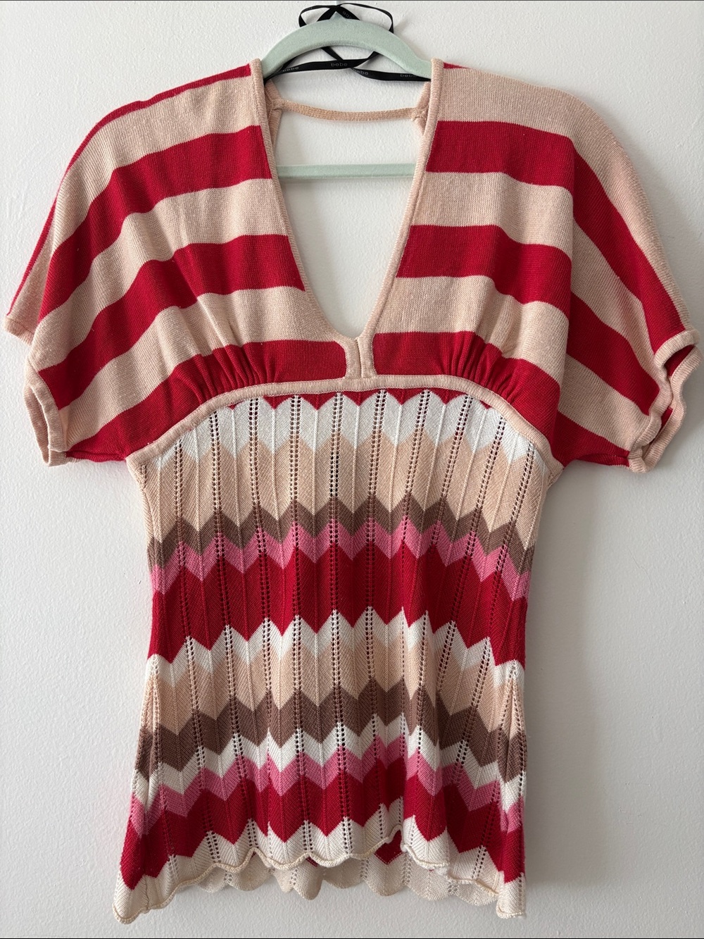 VINTAGE- bebe Red, Cream, Pink and Brown Striped V-Neck Knit Tunic-NWOT